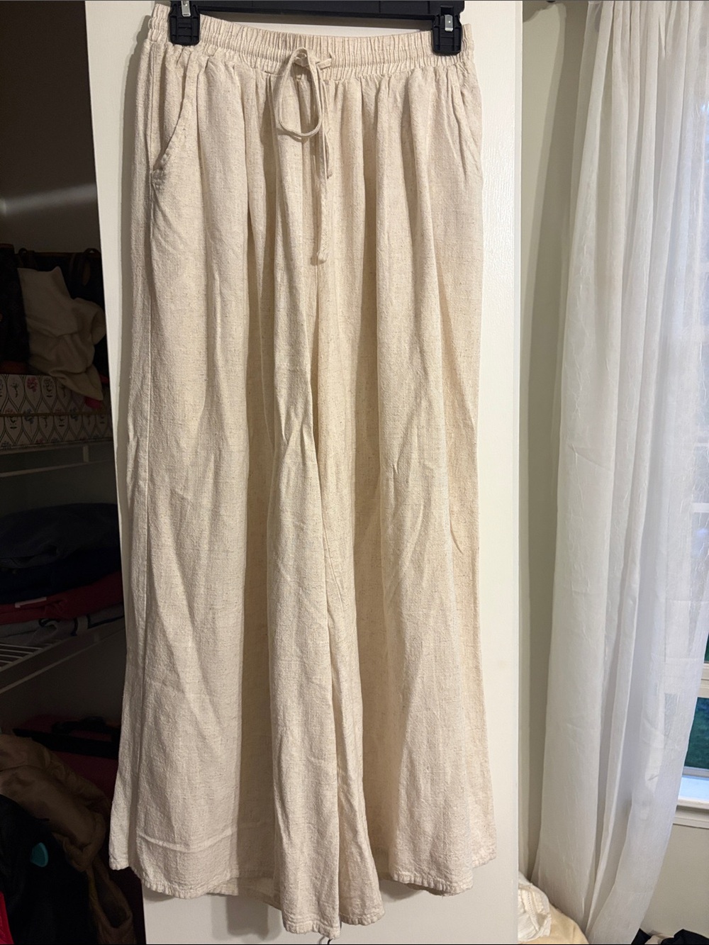 Cream Wide-Leg Drawstring Linen Pants